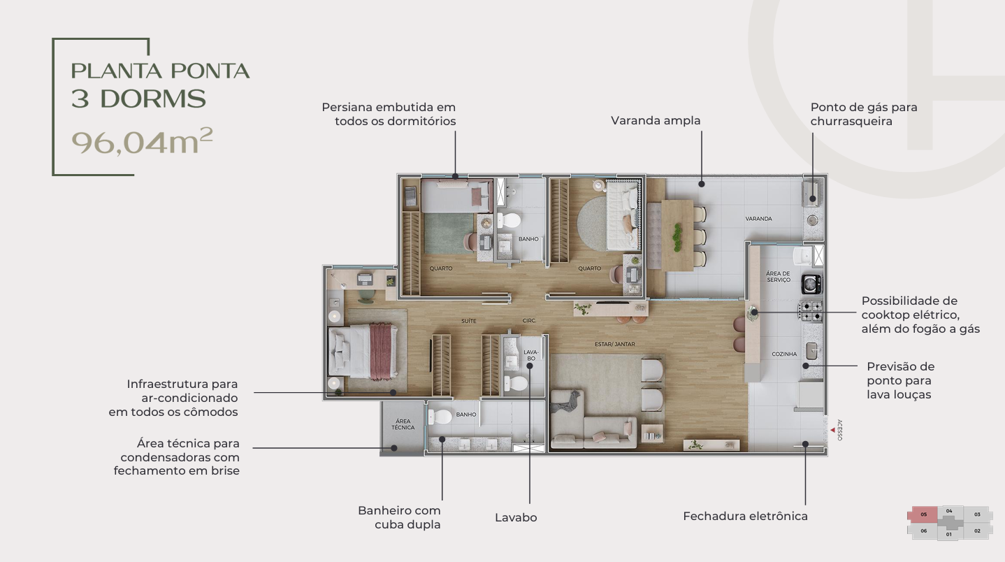 Planta Ponta 3 Dormitórios